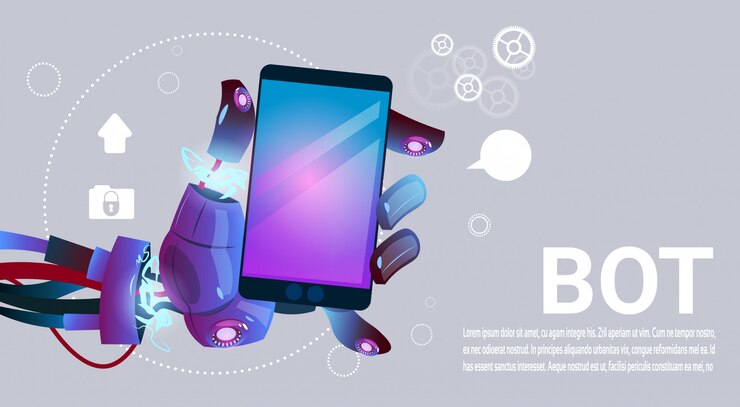 Vector chat bot hands usando el teléfono celular inteligente, robot virtual assistance del sitio web o aplicaciones móviles, a