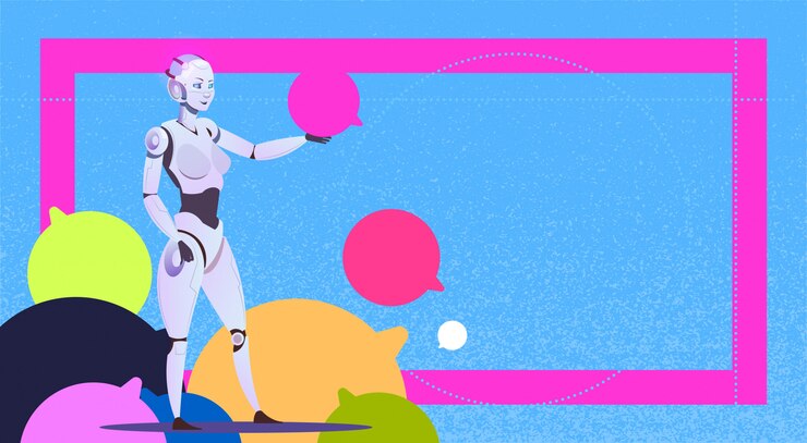 Vector chat bot usando burbujas robot asistencia virtual del sitio web o aplicaciones móviles concepto de soporte de mensajería de inteligencia artificial