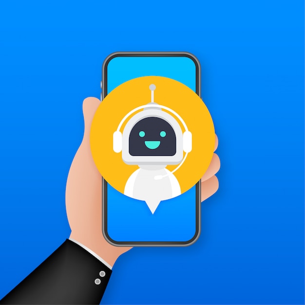 Chat Bot Uso en teléfonos inteligentes, asistencia virtual del robot del sitio o aplicaciones móviles. Servicio de soporte de voz bot. Soporte en línea bot. ilustración.