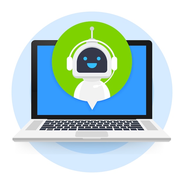 Chat Bot utilizando una computadora portátil, un robot de asistencia virtual de un sitio web o aplicaciones móviles. Bot de servicio de soporte de voz. Bot de soporte en línea