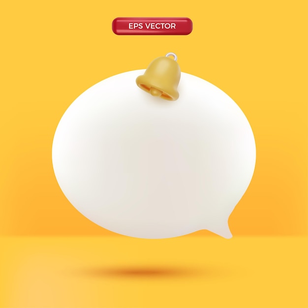 Chat de burbuja de notificación lindo 3D con estilo de renderizado de dibujos animados de campana amarilla