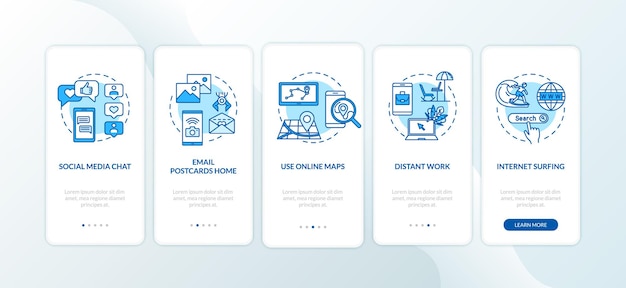 Chat en línea y trabajo a distancia incorporando la pantalla de la página de la aplicación móvil con conceptos. navegación por internet y tutorial de correo electrónico instrucciones gráficas de 5 pasos. plantilla de vector de interfaz de usuario con ilustraciones en color rgb