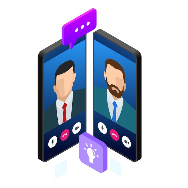 Chat de mensajería móvil isométrica, conversación en línea con mensaje de texto. ilustración vectorial