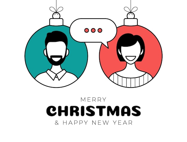 Chat de Navidad con ilustración vectorial de mujer y hombre Chat en línea entre un chico y una chica Iconos de hombre y mujer en estilo plano en bola de Navidad Comunicación de mensajes de chat