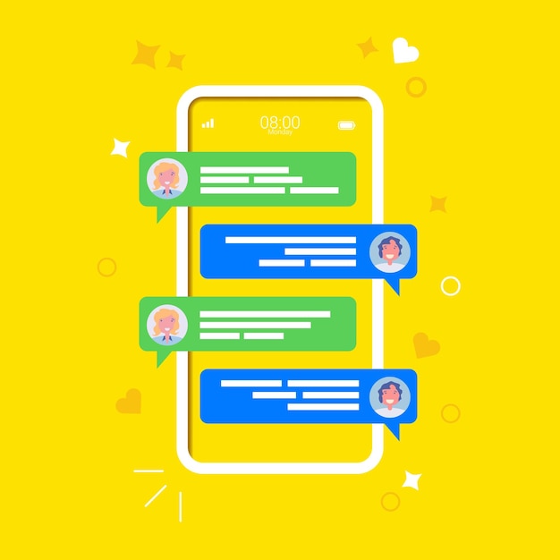Vector chat por teléfono móvil diálogo en línea mensaje de burbujas de voz en pantalla comunicación tecnológica