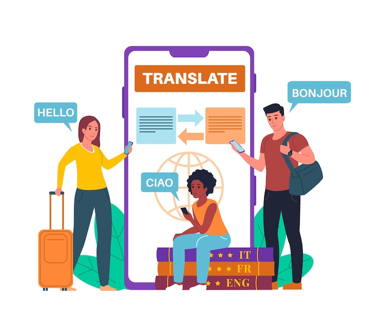 Vector chat de traductor en línea. aplicación móvil multilingüe. las personas hablan muchos idiomas y se entienden. traducción de discursos extranjeros. turismo y estudio. vector de comunicación internacional