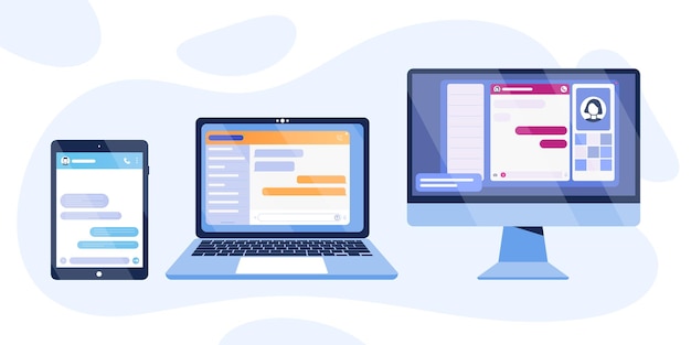 Vector chat en ventanas de diálogo bot en computadora, tableta, pantalla de computadora portátil