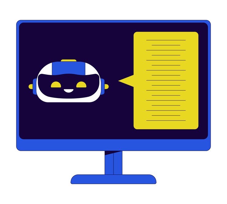 Vector chatbot ai muestra en la computadora un objeto de dibujos animados lineal 2d