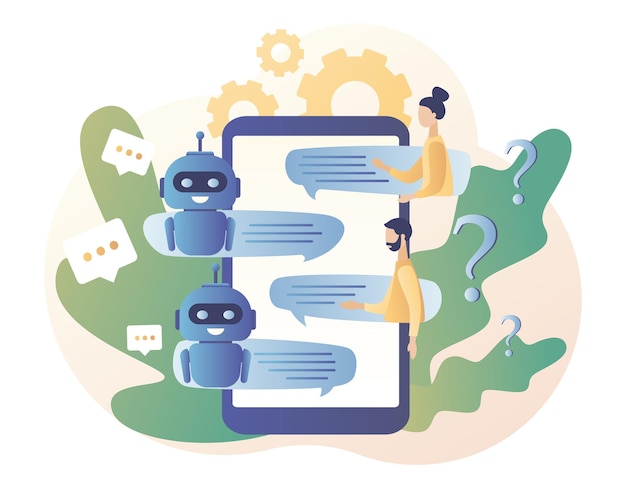 Chatbot ai robot asistente atención al cliente en línea pequeñas personas chateando con la aplicación chatbot
