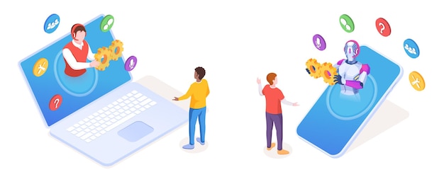 Chatbot ayudando al cliente desde el teléfono inteligente. Hombre de soporte en línea haciendo servicio de asistente a través de una computadora portátil o portátil. firmar para soporte al cliente o usuario, ayuda, respuesta. Tecnología de IA