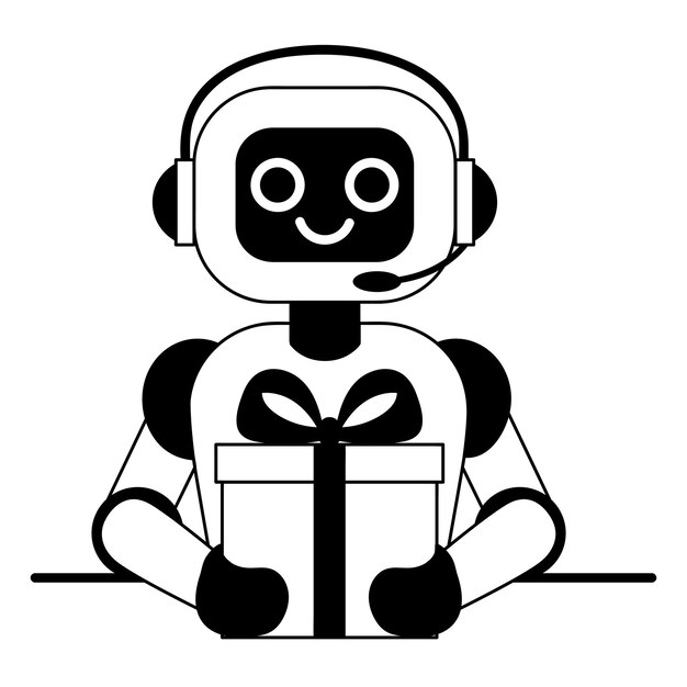 Chatbot da un regalo icono de línea negra y blanca aislado en fondo blanco un concepto de bot ayudante de