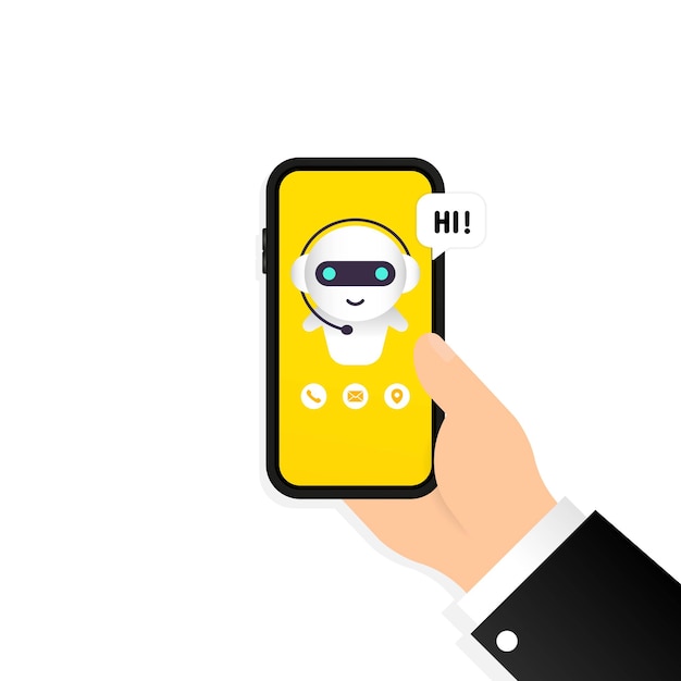 Chatbot en la ilustración del teléfono inteligente. hola mensaje. plantilla de página de destino de bot de asistente en línea. diálogo. apoyo técnico. para la página web. vector sobre fondo blanco aislado. eps 10