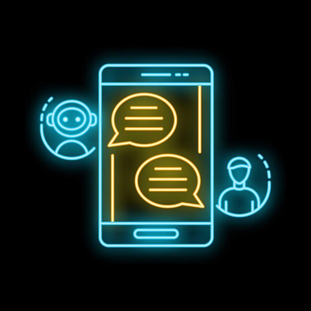 Un chatbot de neón conversando con un hombre en un teléfono inteligente