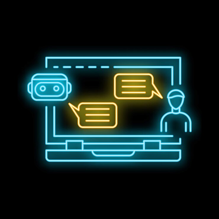 Vector un chatbot de neón hablando con un hombre a través de la pantalla de una computadora portátil