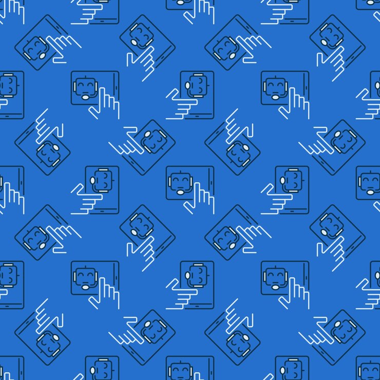 Vector chatbot en la pantalla de la tableta vector concepto azul de patrones sin fisuras