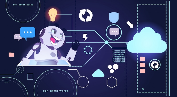 Vector chatbot robot technology, chatterbot con asistencia virtual de tableta digital