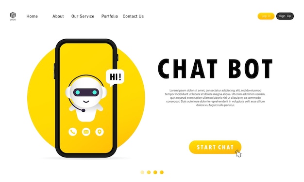 Vector chatbot en smartphone. plantilla de página de destino de bot de asistente en línea.