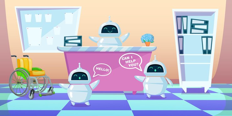 Vector chatbots de dibujos animados trabajando en lugar de personas. ilustración plana. bots modernos como ayudantes o asistentes en un hospital u otra organización humana