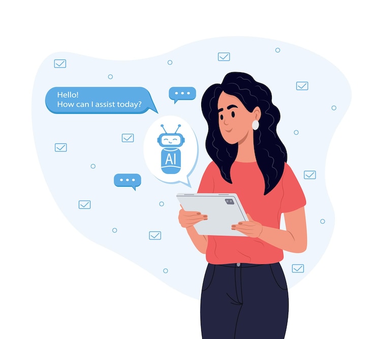 Vector chatgpt ai concepto de chat inteligencia artificial dama de negocios utiliza la tecnología de un robot de ia inteligente diálogo entre el asistente de ia y el usuario en el mensajero