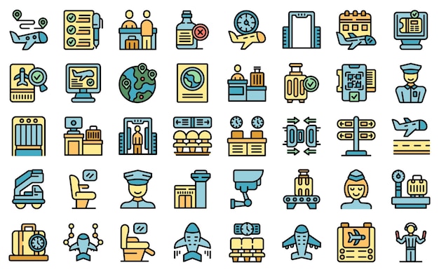 Check in aeropuerto iconos conjunto vector plano