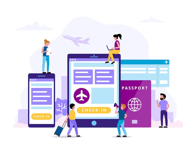 Check-in, ilustración de concepto con tablet, smartphone, pasaporte, tarjeta de embarque.