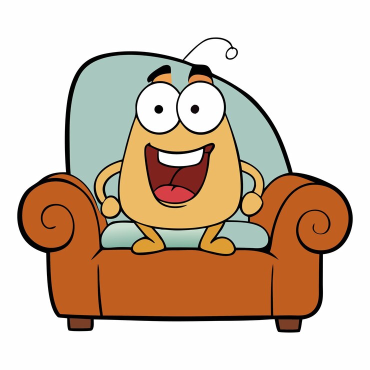Vector cheerful cartoon character relaxing in a cozy armchair