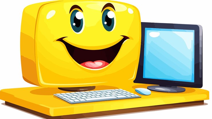 Vector cheerful smiley happy cartoon computer para los conceptos de tecnología positiva