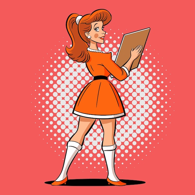 Cheerleader de época posando en una caricatura vectorial de estilo pop