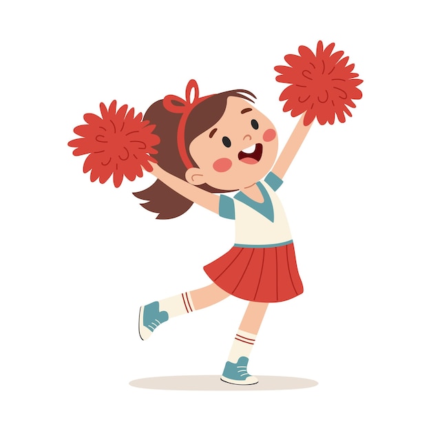Cheerleader con pompones Chica pequeña y linda animadora personaje de dibujos animados Ilustración vectorial
