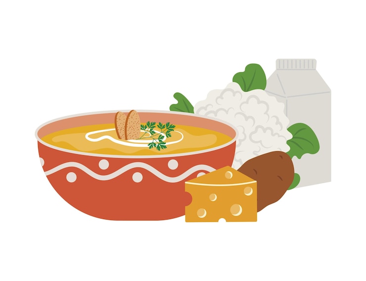 Vector cheese soup in a beautiful glass or ceramic plate with a pattern colored icon
