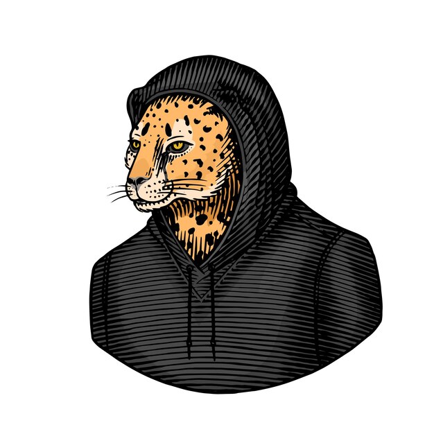 Cheetah africano con capucha gran gato salvaje en la ropa dibujado a mano grabado concepto de estilo hacker para