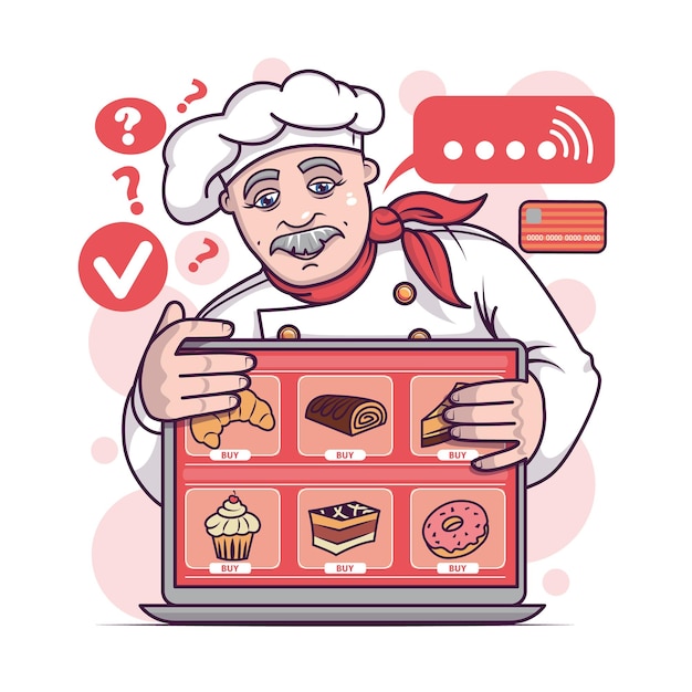 Chef adulto parado cerca de una computadora portátil pidiendo comida Divertidos personajes de dibujos animados de colores haciendo compras de productos a través de Internet Gente adicta a las compras y negocios de comercio electrónico Vector en colores blanco y rojo