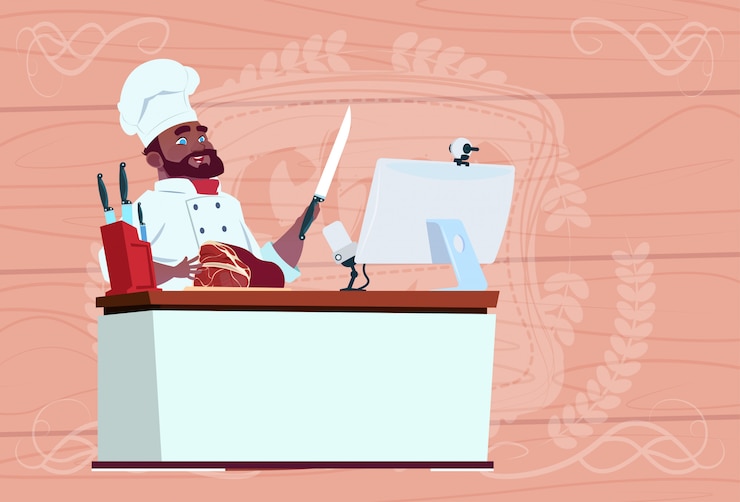 Vector chef afroamericano cocinero hacer video blog cookong en el escritorio de la computadora transmisión jefe de restaurante de dibujos animados en uniforme blanco blogger