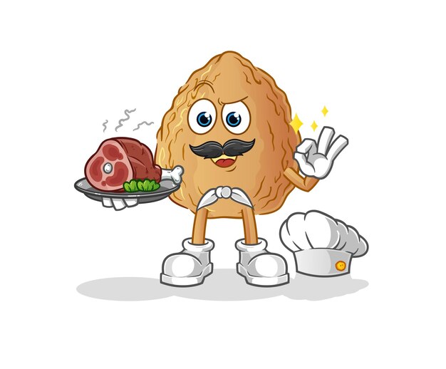 chef de almendras con mascota de carne. vector de dibujos animados