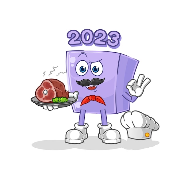 Chef de año nuevo con vector de dibujos animados de mascota de carne