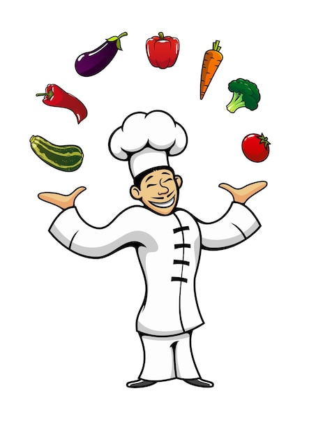 Chef asiático haciendo malabares con verduras frescas
