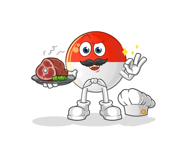 Chef de bandera de Indonesia con mascota de carne. vector de dibujos animados