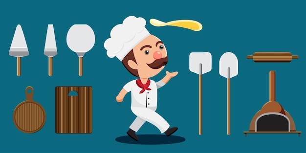 Chef de bigote joven con herramientas de cocina para hacer pizza en estilo de dibujos animados para ilustración de vector de diseñador gráfico