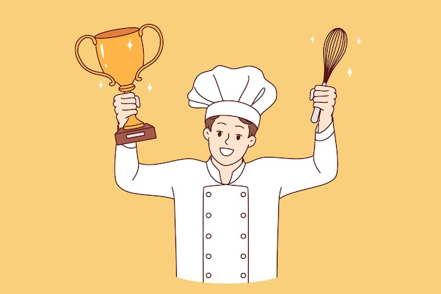 El chef celebra la victoria en un torneo culinario profesional con la copa de oro y el batidor.