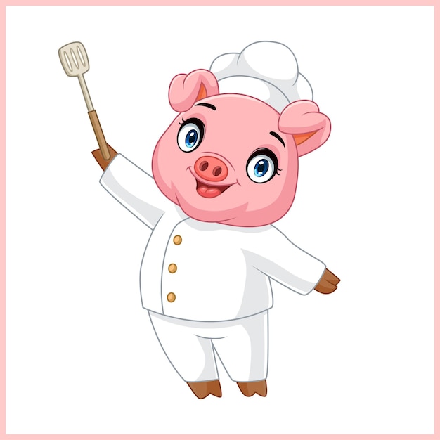 Chef de cerdo de dibujos animados sosteniendo un tenedor
