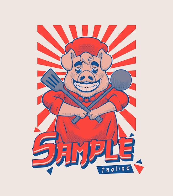 Vector chef cerdo lindo estilo de diseño retro de japón