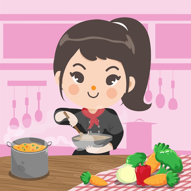Chef chica está cocinando con un amor feliz en su cocina.