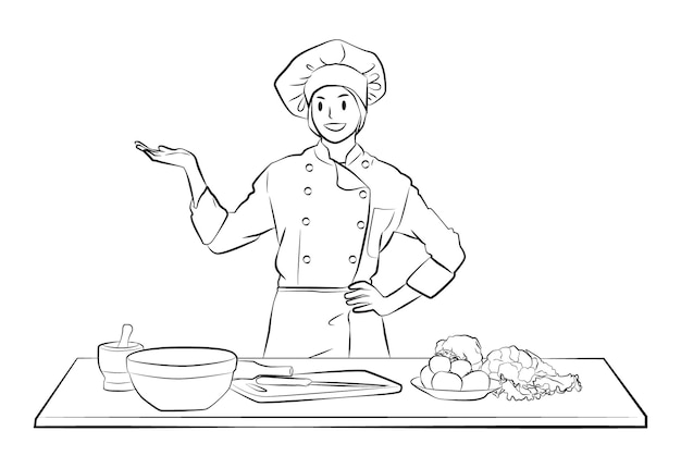 Chef chica pose lineart vector ilustración