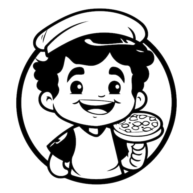 Vector el chef chico lindo con la pizza en la mano ilustración vectorial