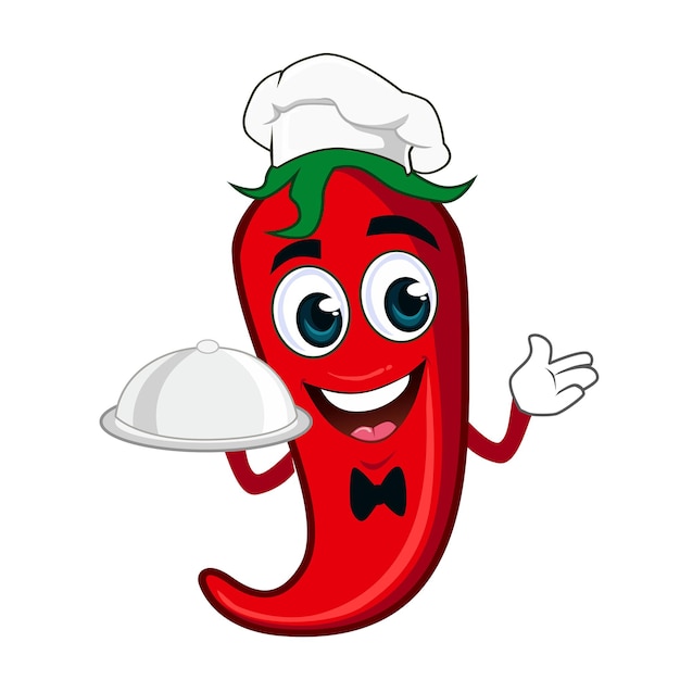 Chef Chili Pepper Personaje de dibujos animados con una bandeja