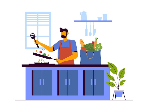 chef, cocina, en, cocina, vector, ilustración