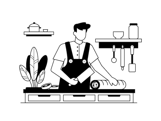 Vector chef, cocina, comida, en, cocina, ilustración