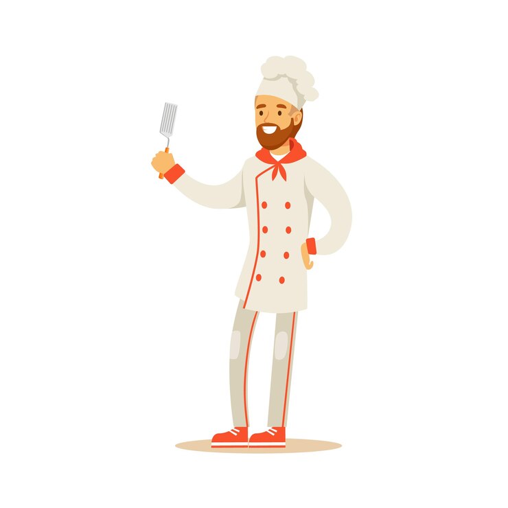Vector chef de cocina profesional de hombre barbudo que trabaja en el restaurante con uniforme tradicional clásico con personaje de dibujos animados de espátula