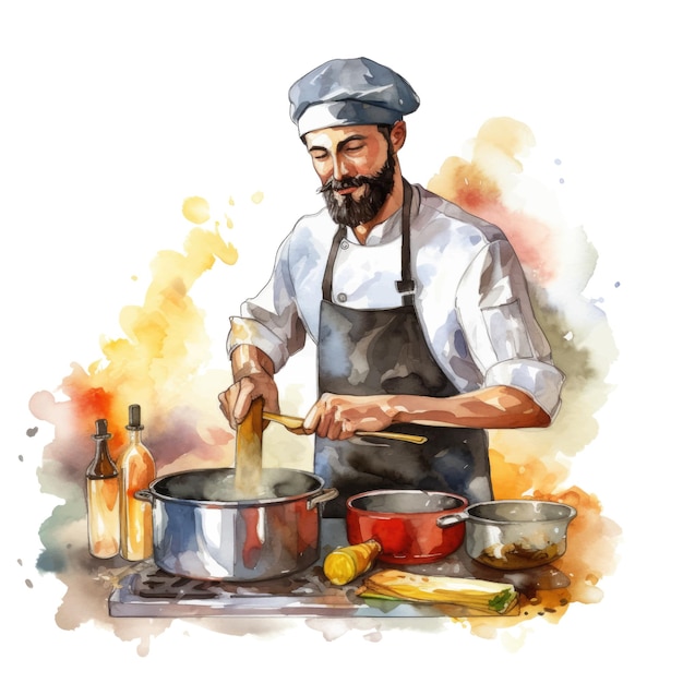 Chef cocinando en la cocina ilustración acuarela sobre fondo blanco