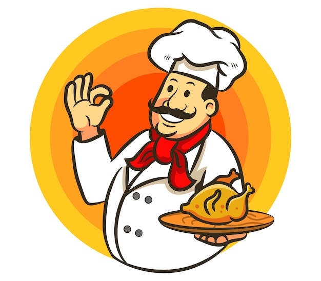 Chef cocinando pollo frito y signo delicioso